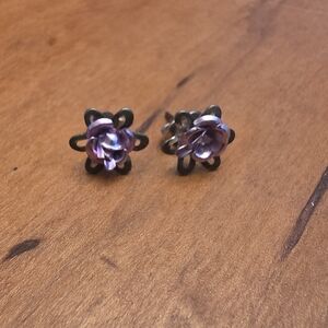 Silver Tone Purple Rose Stud Floral Earrings